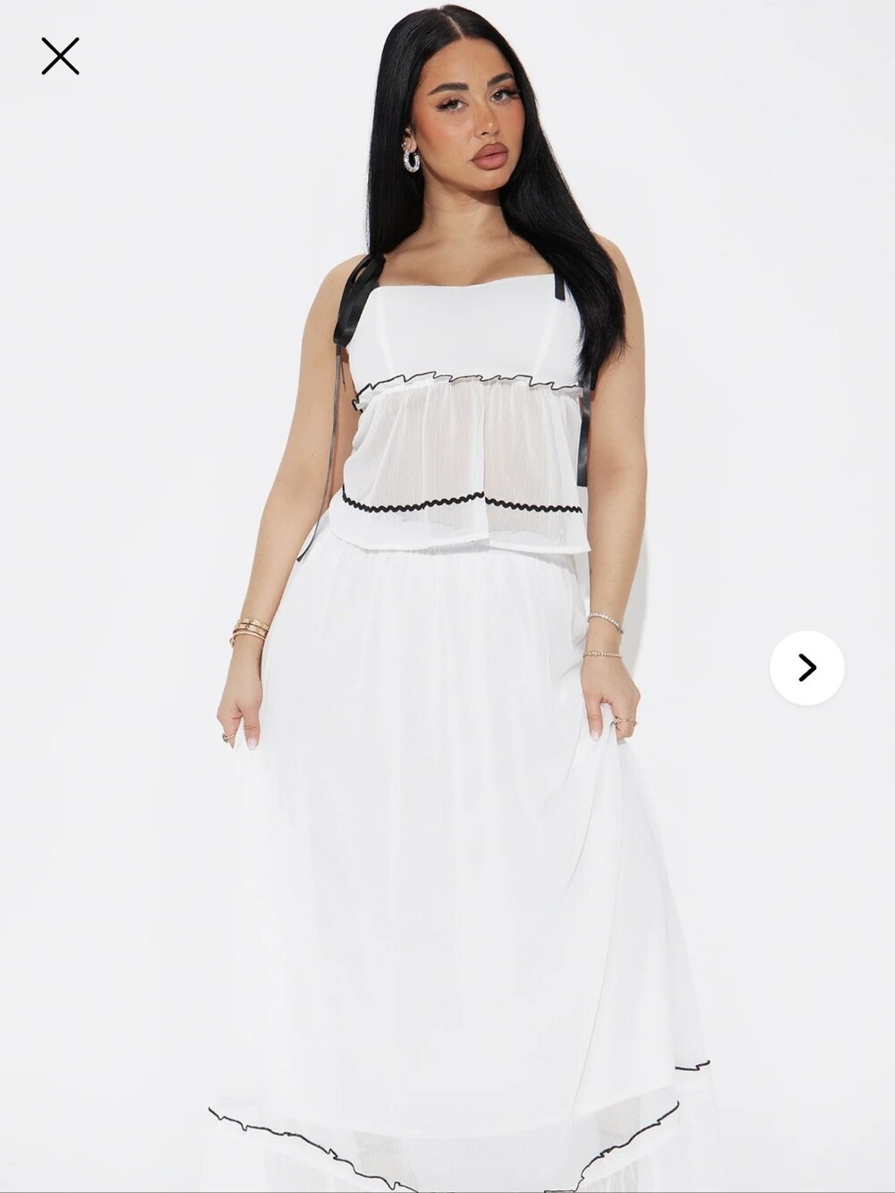 Fashion Nova White Chiffon Skirt Set with Black Stitching